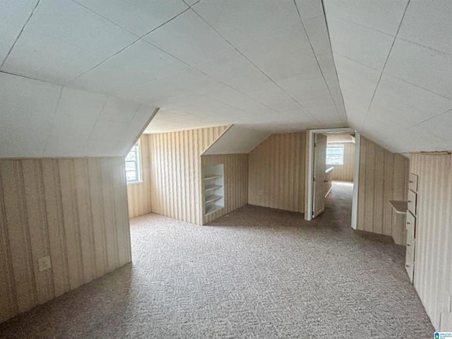 additional living space with carpet, vaulted ceiling, plenty of natural light, and wood walls