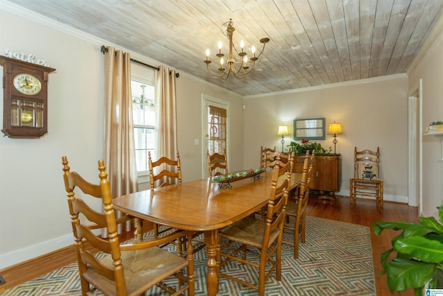 dining area featuring crown molding, wood finished floors, wood ceiling, baseboards, and an inviting chandelier