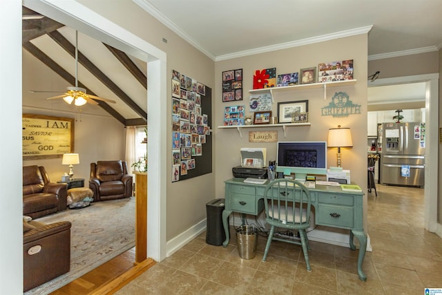 tiled office space with crown molding, lofted ceiling with beams, baseboards, and ceiling fan