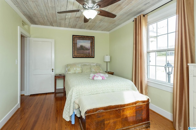 bedroom with wooden ceiling, wood finished floors, visible vents, baseboards, and ornamental molding