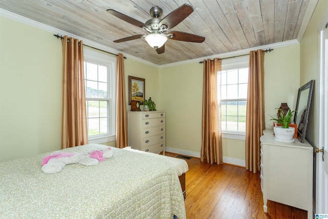 bedroom featuring crown molding, visible vents, light wood-type flooring, wooden ceiling, and baseboards