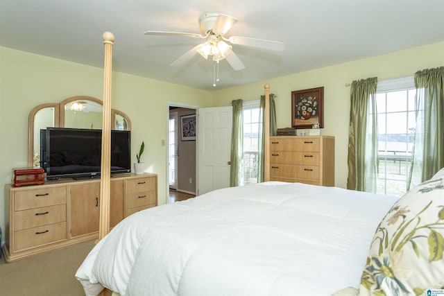 carpeted bedroom featuring a ceiling fan and multiple windows