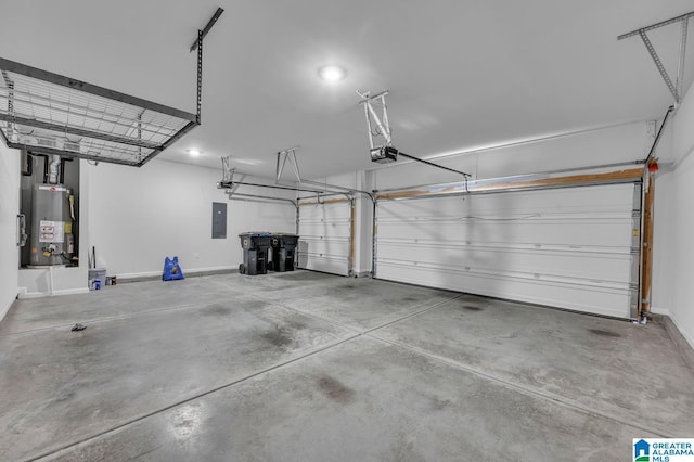 garage featuring electric panel, water heater, baseboards, and a garage door opener