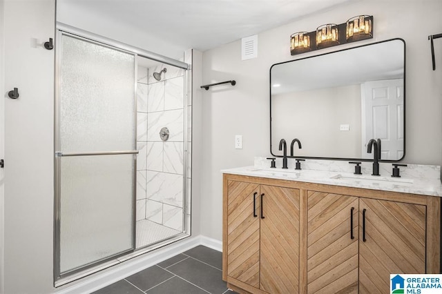 full bathroom featuring a stall shower, tile patterned flooring, a sink, and visible vents