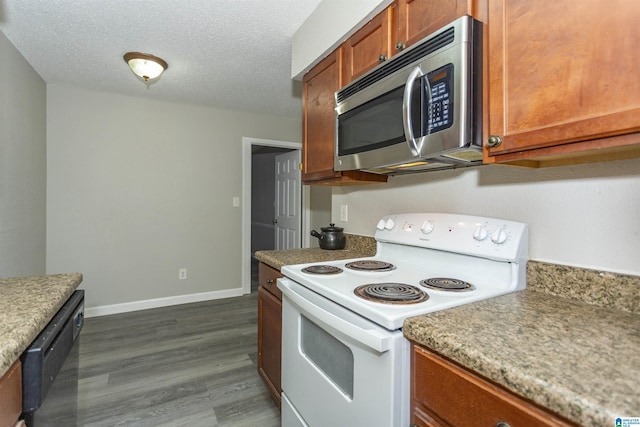 kitchen with black dishwasher, stainless steel microwave, dark wood-style flooring, a textured ceiling, and white electric range