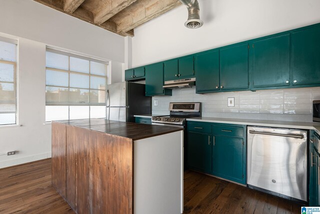 kitchen with under cabinet range hood, tasteful backsplash, dark wood-style floors, and stainless steel appliances