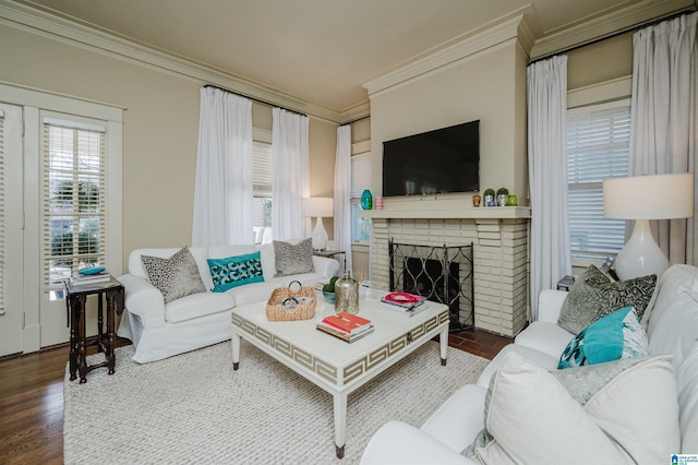 living area with wood finished floors, a fireplace, and crown molding