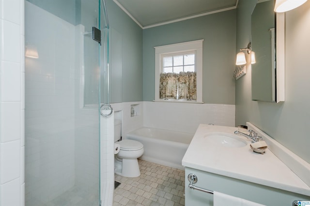 full bath featuring vanity, a shower stall, crown molding, a bath, and tile patterned floors