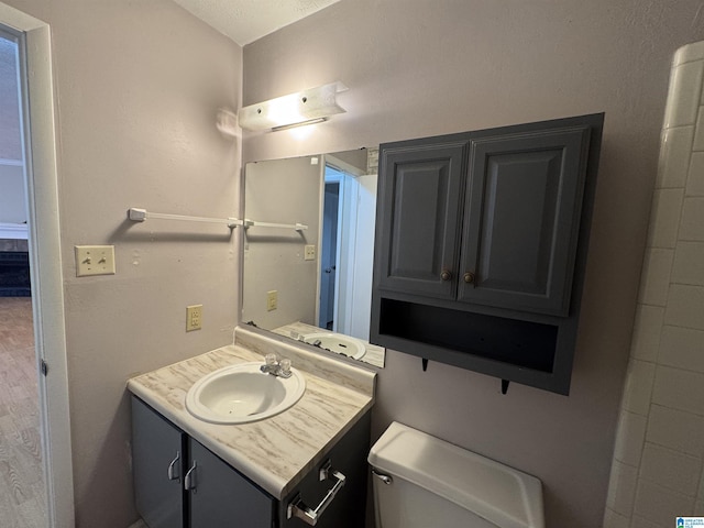 bathroom featuring wood finished floors, vanity, and toilet