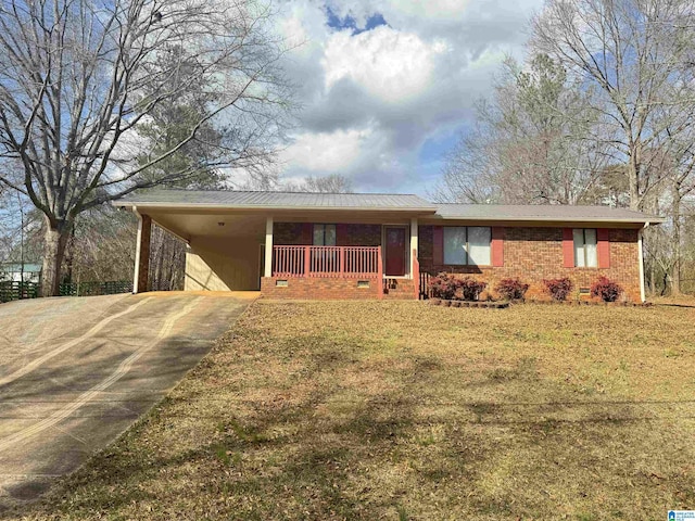 ranch-style house featuring brick siding, concrete driveway, crawl space, a carport, and a front yard