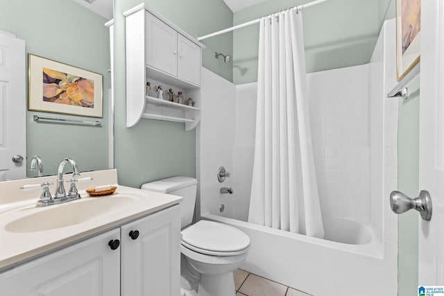 bathroom with toilet, tile patterned flooring, shower / tub combo with curtain, and vanity