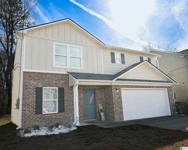 view of front of property featuring board and batten siding, brick siding, driveway, and a garage