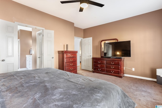 bedroom featuring carpet flooring, ceiling fan, and baseboards