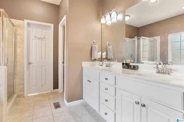 full bathroom with tile patterned flooring, visible vents, a sink, and a shower stall