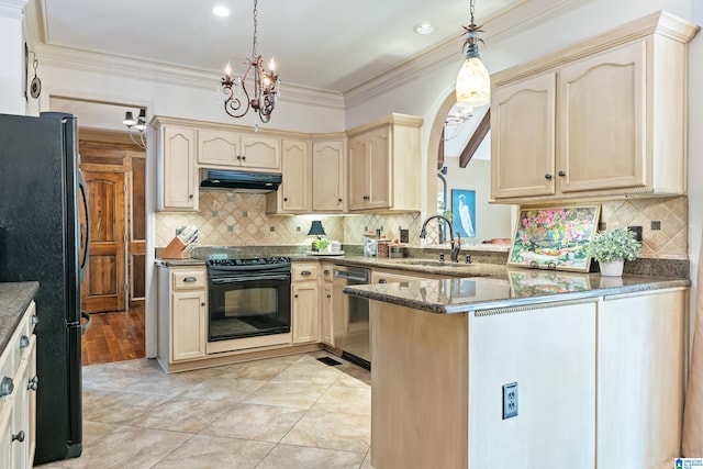 kitchen featuring range, freestanding refrigerator, stainless steel dishwasher, under cabinet range hood, and a sink