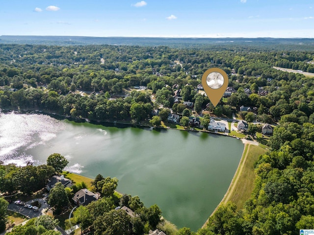 aerial view featuring a water view and a forest view