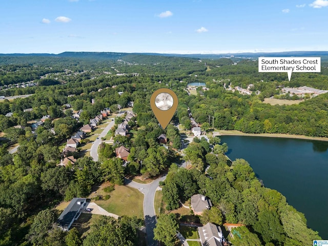 birds eye view of property with a water view and a view of trees