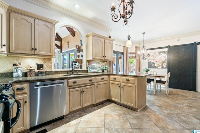 kitchen featuring a peninsula, a sink, backsplash, dishwasher, and light brown cabinetry