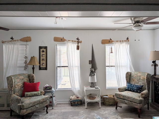 living area featuring ceiling fan and wood finished floors