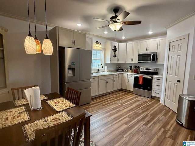 kitchen featuring wood finished floors, stainless steel appliances, ornamental molding, and light countertops