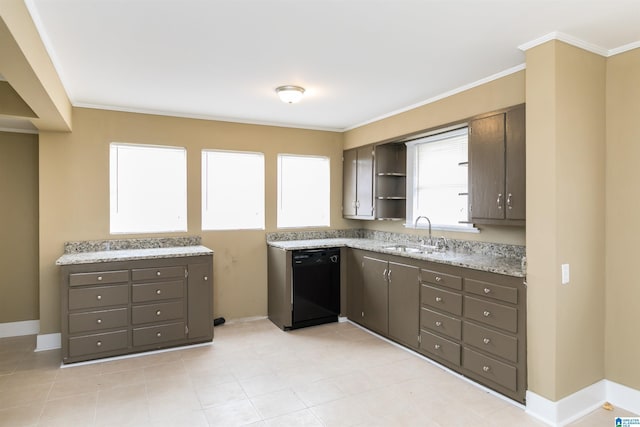 kitchen featuring dishwasher, open shelves, a sink, and crown molding