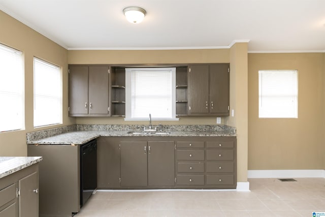 kitchen with a wealth of natural light, a sink, dishwasher, and open shelves