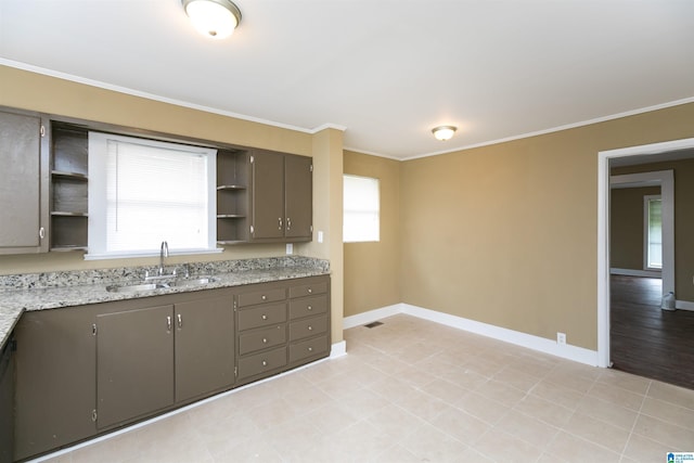 kitchen with a wealth of natural light, crown molding, open shelves, and a sink