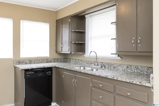 kitchen featuring black dishwasher, gray cabinetry, ornamental molding, a sink, and light stone countertops