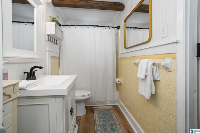 full bathroom with toilet, a wainscoted wall, a shower with shower curtain, wood finished floors, and vanity