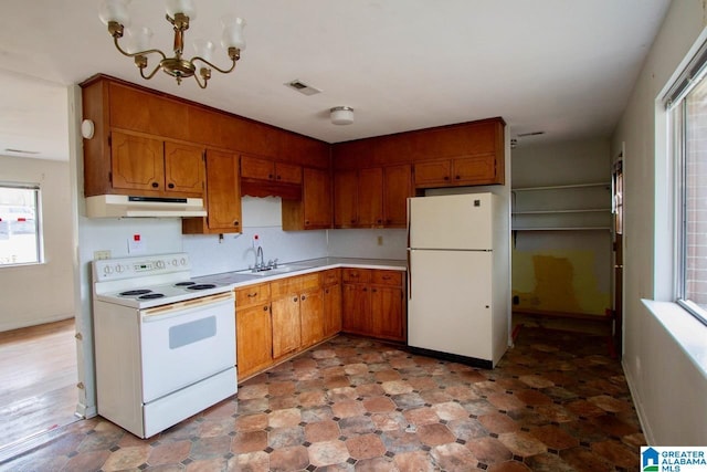 kitchen with light countertops, brown cabinetry, a sink, white appliances, and under cabinet range hood