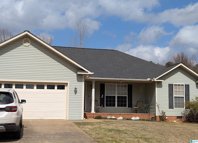 single story home featuring a garage, covered porch, a shingled roof, concrete driveway, and a front yard