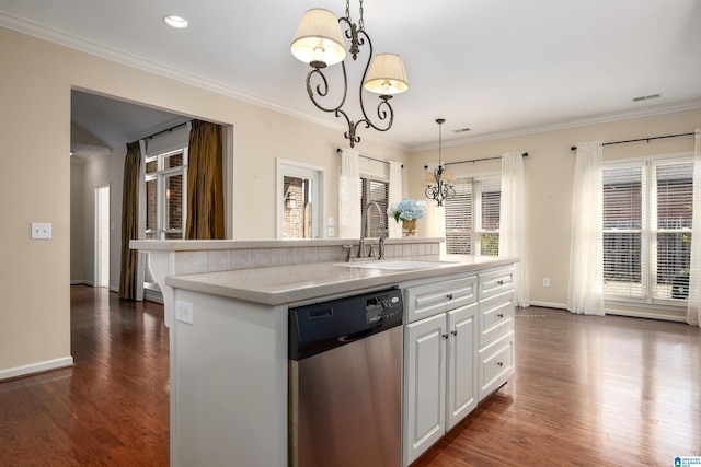 kitchen featuring stainless steel dishwasher, dark wood-type flooring, a sink, and crown molding