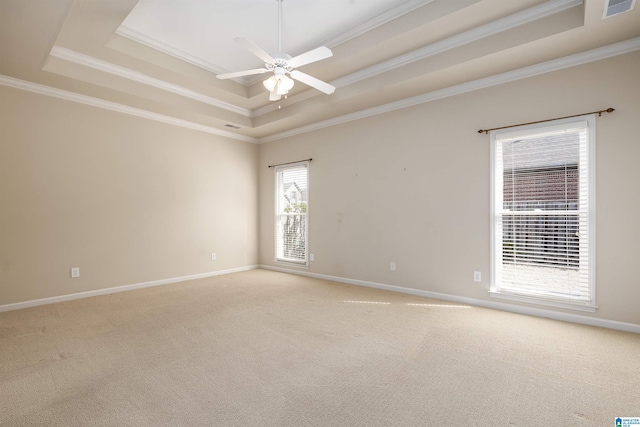 empty room featuring light carpet, a raised ceiling, and baseboards