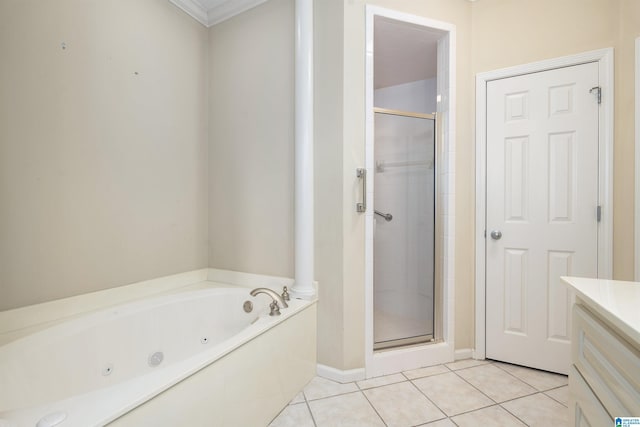 full bathroom with vanity, a shower stall, a tub with jets, and tile patterned floors