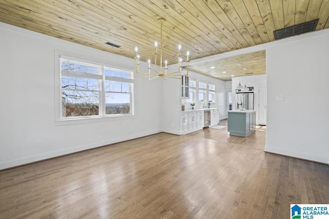 unfurnished living room featuring wood ceiling, visible vents, baseboards, and wood finished floors