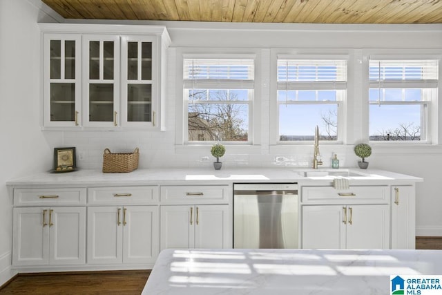 bar with dark wood-style floors, decorative backsplash, stainless steel dishwasher, wood ceiling, and a sink