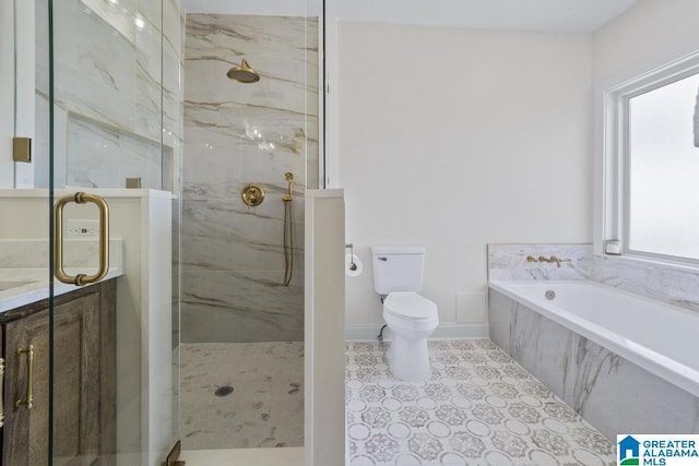 full bath featuring toilet, vanity, baseboards, a marble finish shower, and a bath