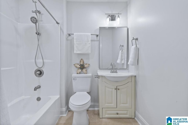 full bathroom featuring baseboards, toilet, tile patterned flooring, vanity, and shower / bathing tub combination