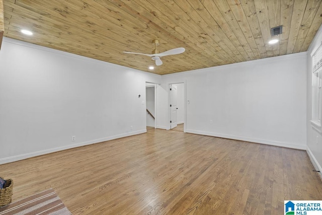 spare room with baseboards, visible vents, wooden ceiling, ceiling fan, and wood finished floors