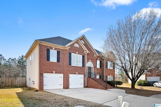 view of front of house featuring a garage, brick siding, a shingled roof, fence, and concrete driveway