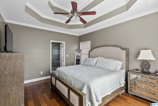 bedroom with baseboards, a raised ceiling, ceiling fan, wood-type flooring, and ornamental molding