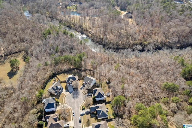 drone / aerial view featuring a water view and a view of trees