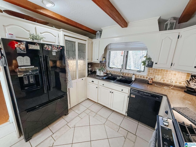 kitchen with black appliances, tasteful backsplash, beamed ceiling, and a sink