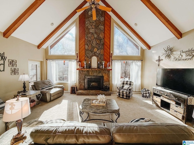 living area featuring high vaulted ceiling, beamed ceiling, and carpet flooring