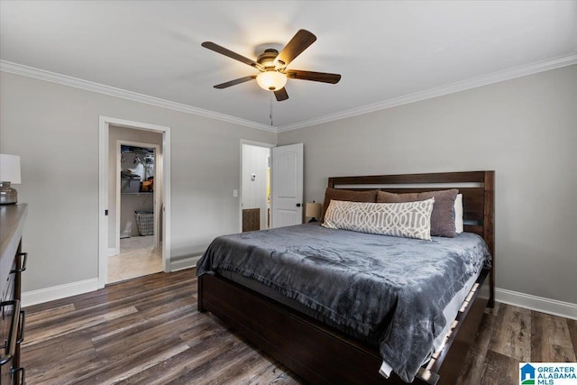 bedroom featuring ornamental molding, wood finished floors, a ceiling fan, and baseboards