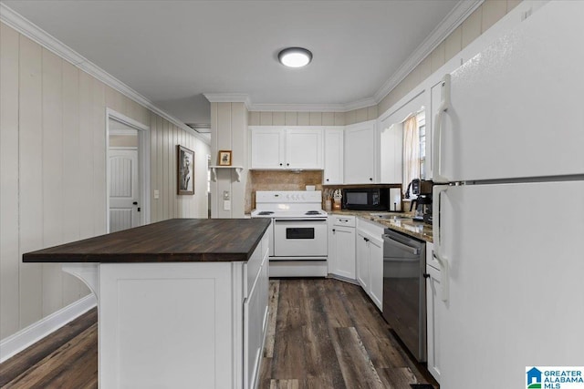 kitchen with dark wood-style floors, white cabinetry, a kitchen island, wood counters, and white appliances