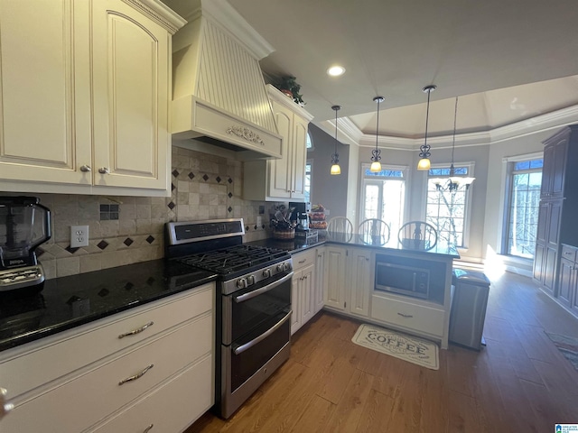 kitchen featuring double oven range, a tray ceiling, a peninsula, wood finished floors, and custom exhaust hood