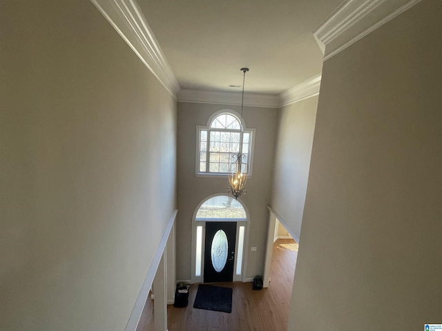 foyer entrance with a notable chandelier, wood finished floors, a towering ceiling, and ornamental molding