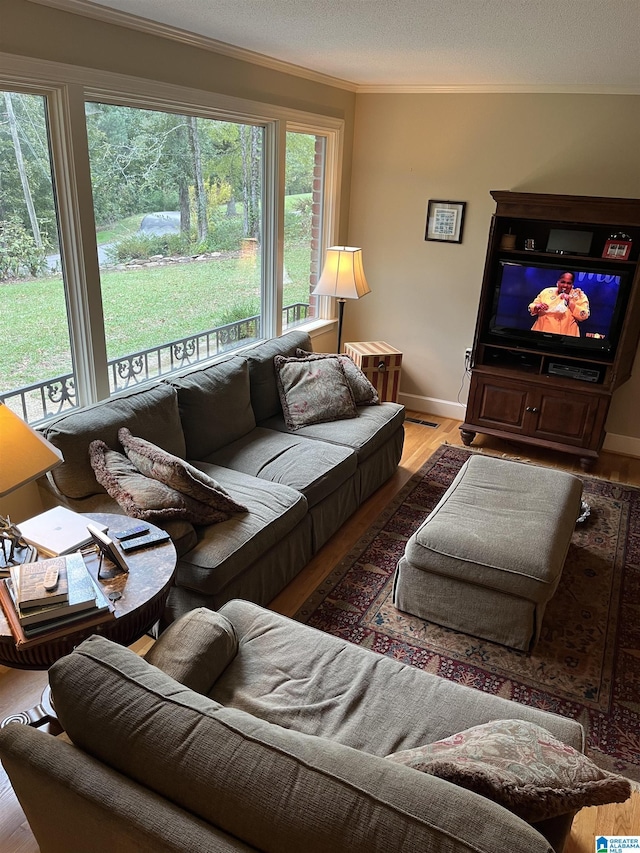 living area featuring baseboards, ornamental molding, and wood finished floors