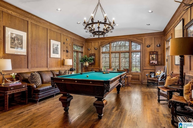 playroom with lofted ceiling, wood-type flooring, pool table, and recessed lighting